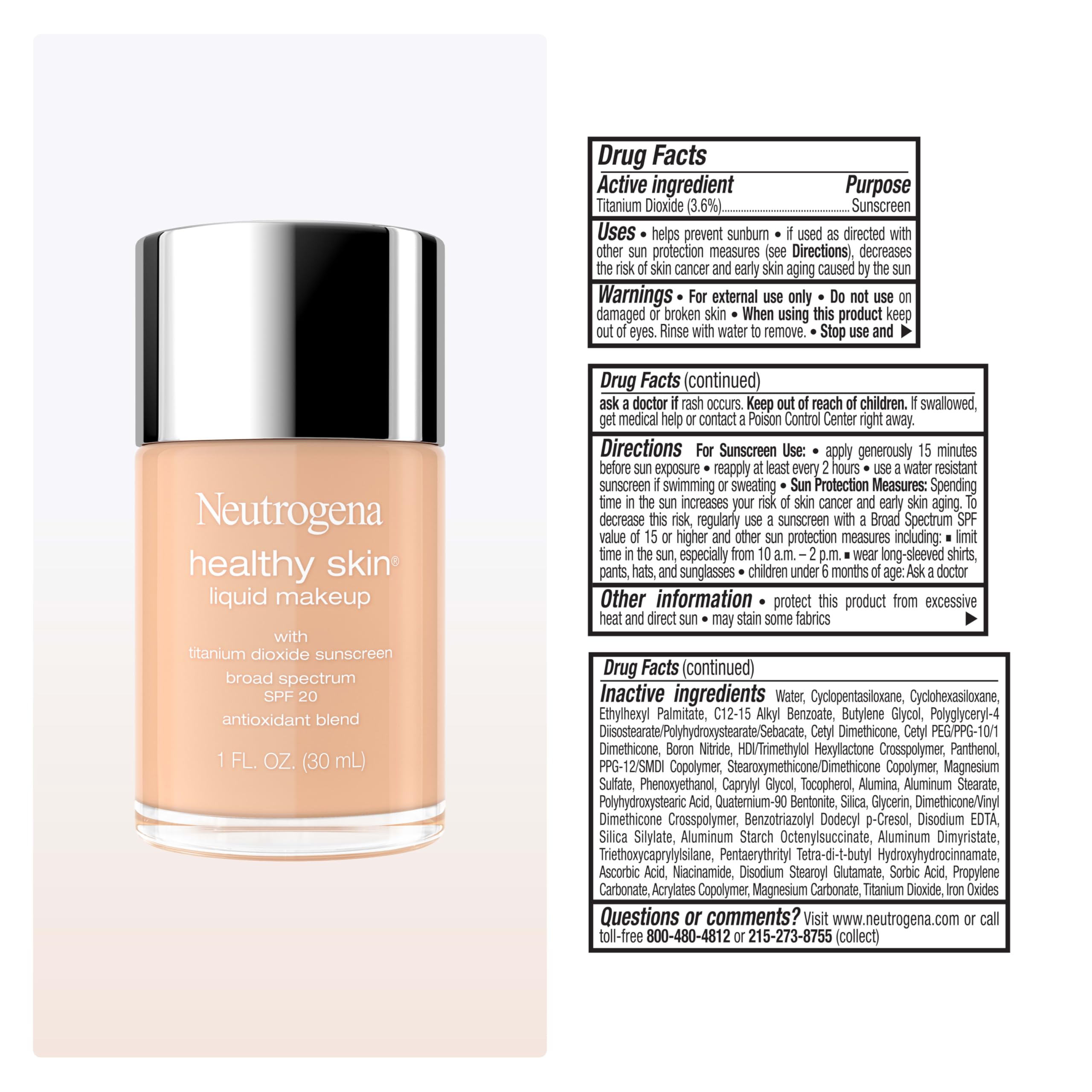 Neutrogena packaging label close-up showing SPF 20 and ingredients