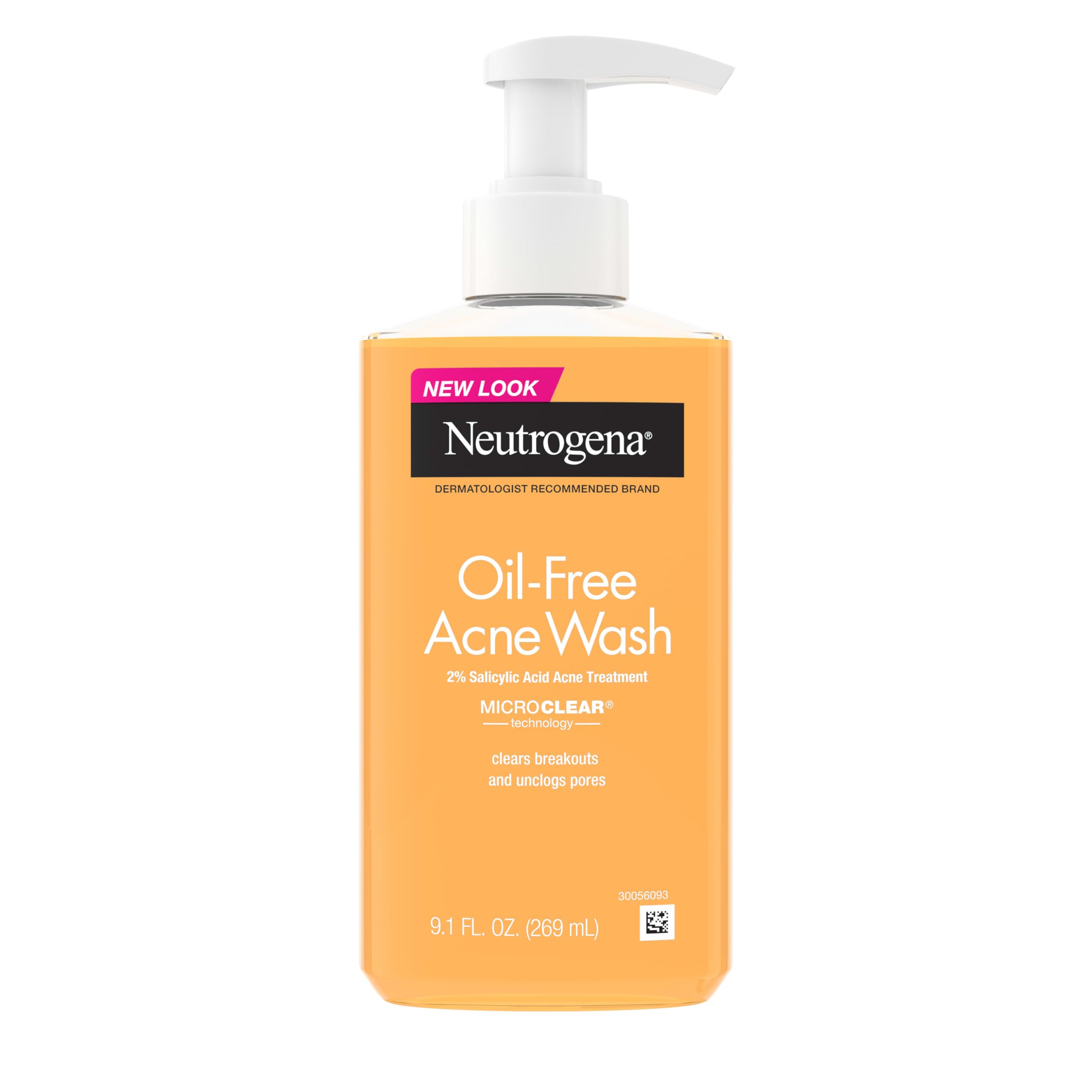 Neutrogena front label bottle showing clear acne cleanser, helps identify product quickly