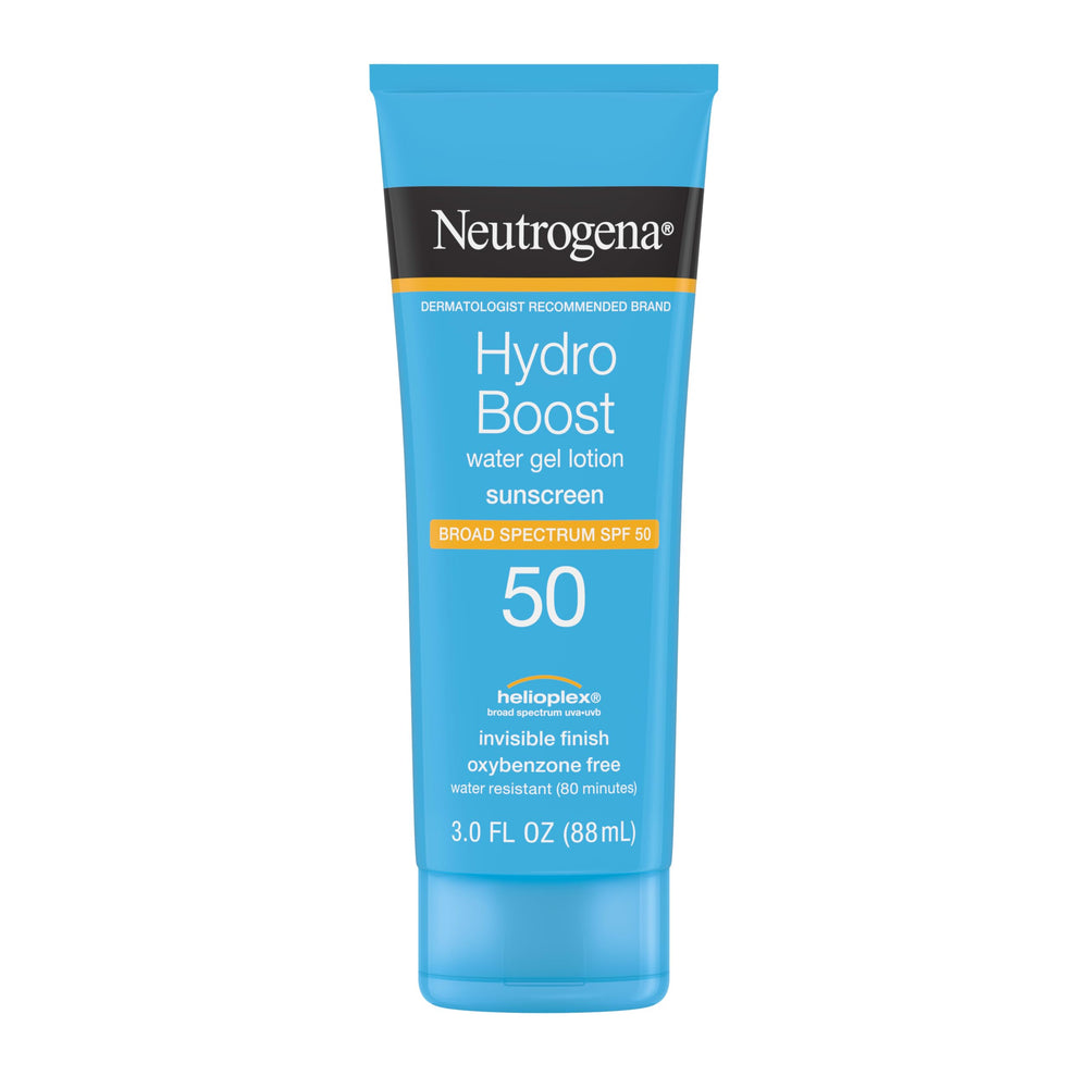 Neutrogena front packaging showing Hydro Boost SPF 50 and travel size benefit