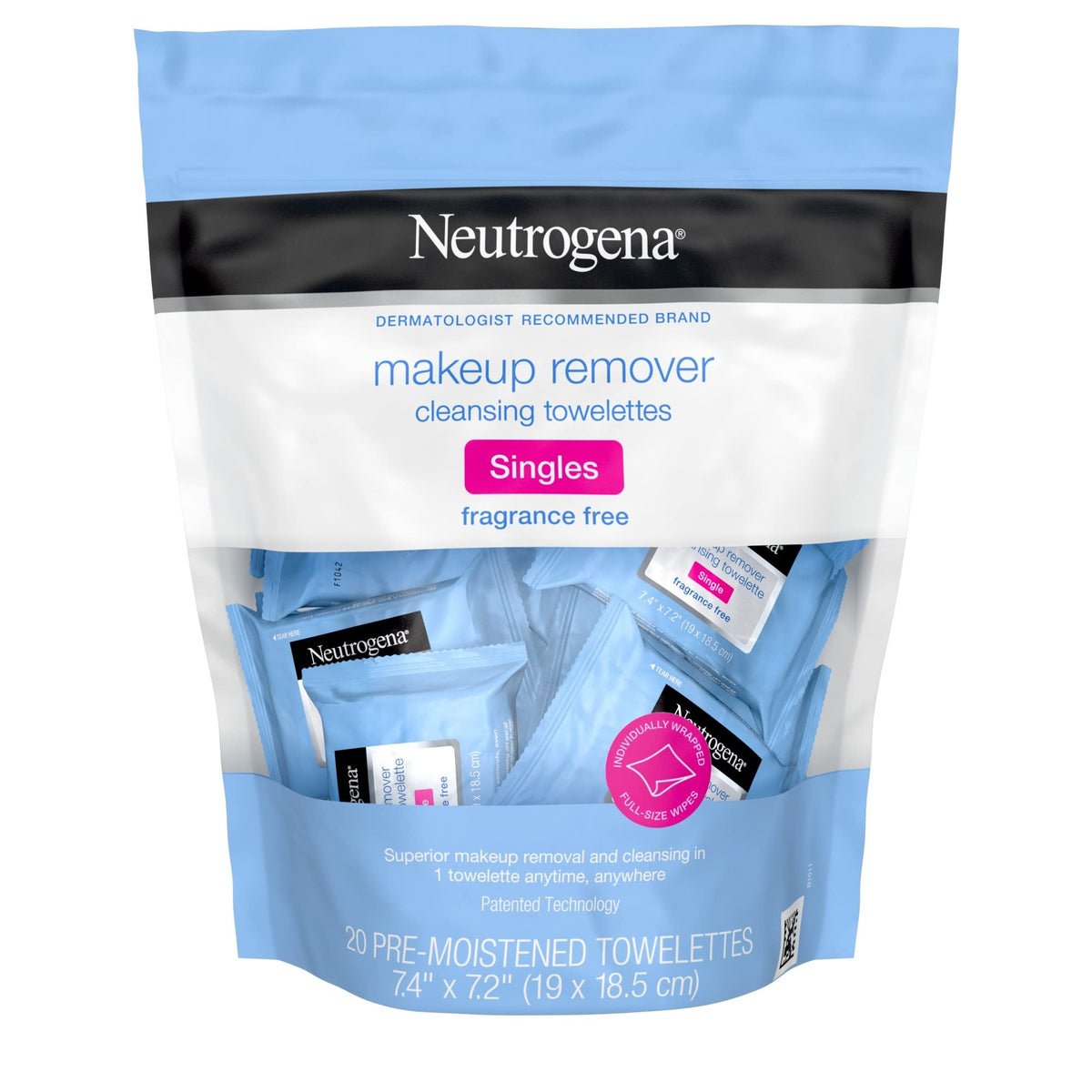 Neutrogena front packaging showing individually wrapped 20-count for travel convenience