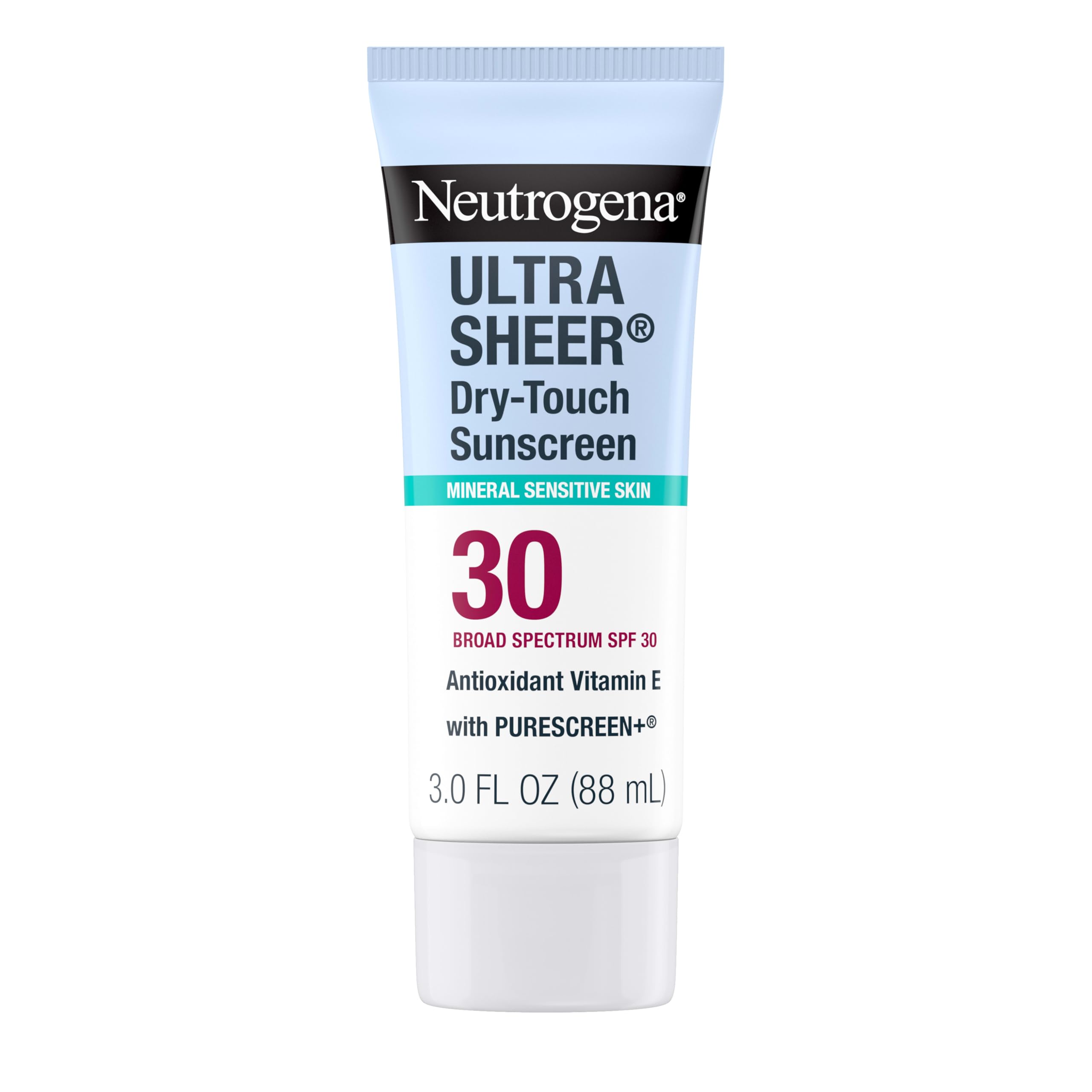 Neutrogena front packaging of SPF 30 mineral sunscreen showing compact travel bottle and benefits