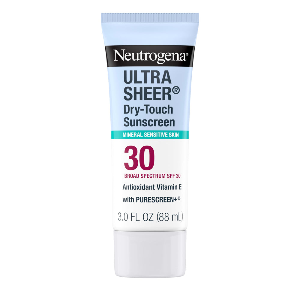 Neutrogena front packaging of SPF 30 mineral sunscreen showing compact travel bottle and benefits