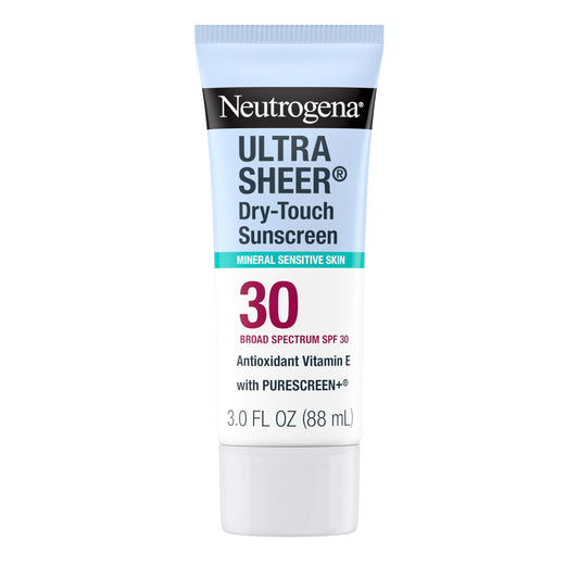 Neutrogena front packaging of SPF 30 mineral sunscreen showing compact travel bottle and benefits