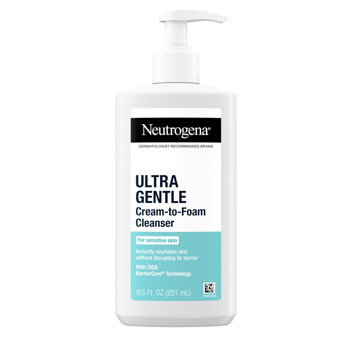 Neutrogena front packaging showing bottle and brand, clear product ID and shelf-ready benefit