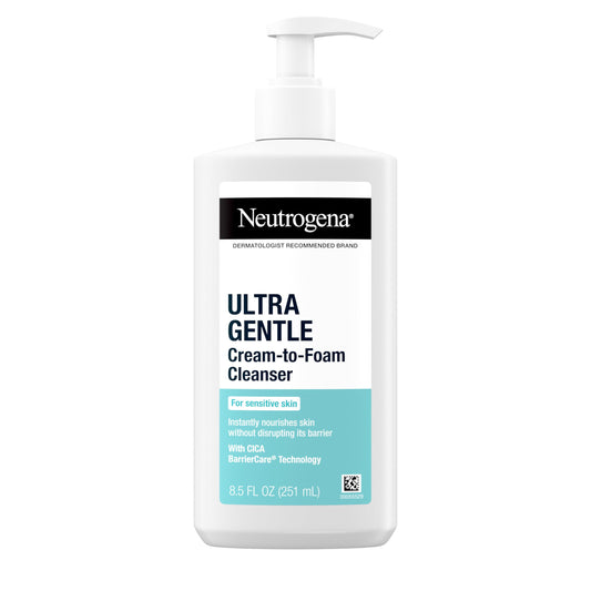Neutrogena front packaging showing bottle and brand, clear product ID and shelf-ready benefit