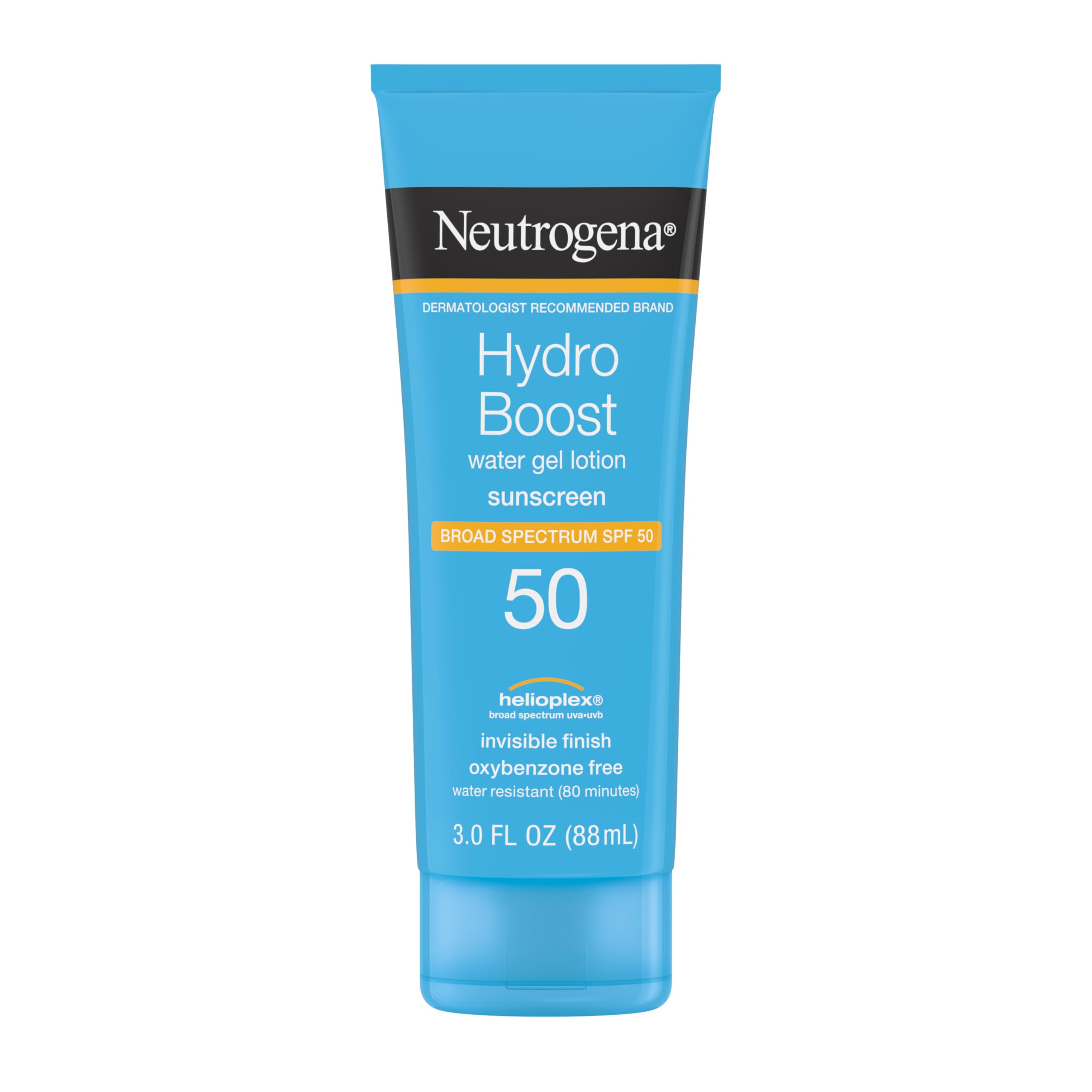 Neutrogena front packaging of Hydro Boost Sunscreen showing SPF 50 protection benefits
