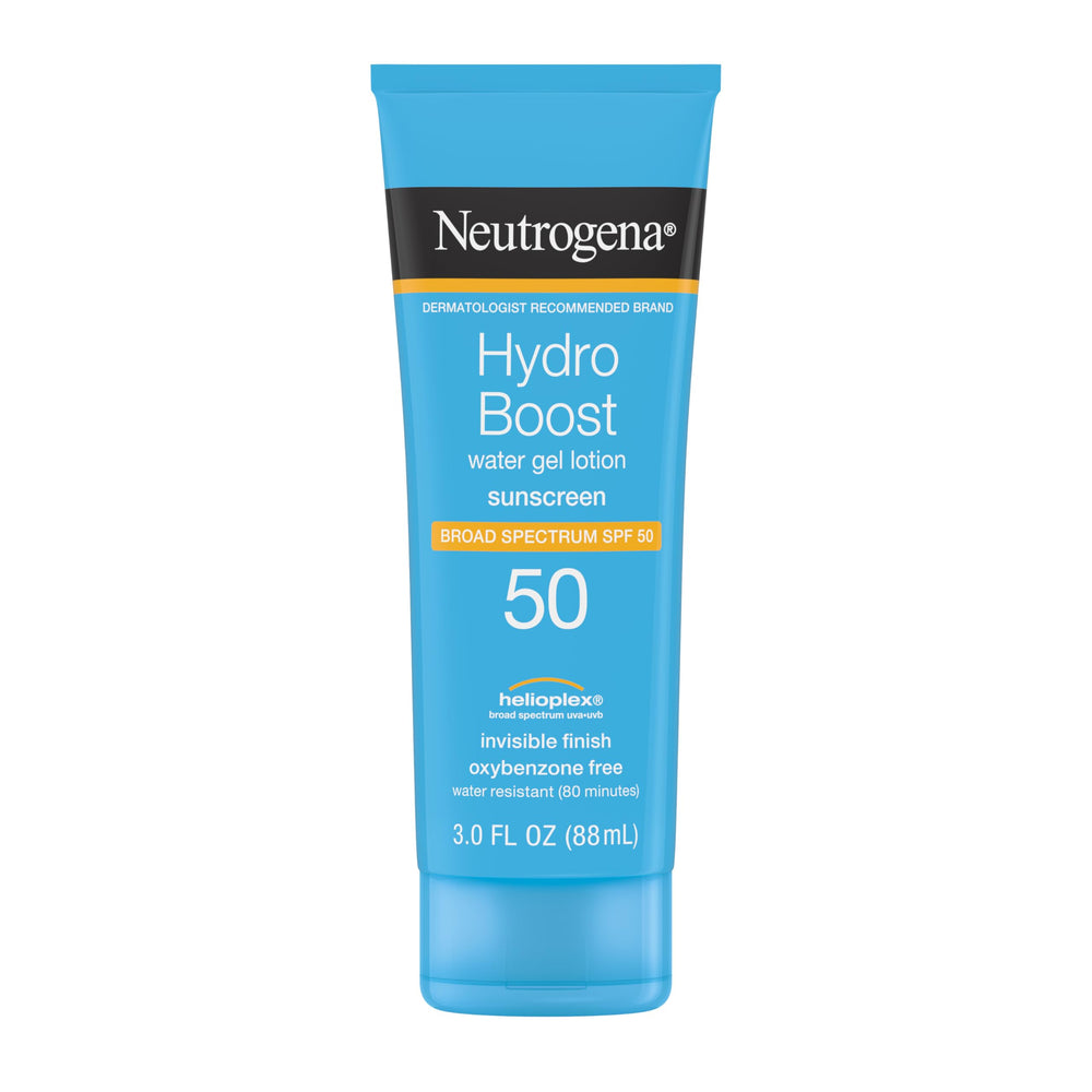 Neutrogena front packaging of Hydro Boost Sunscreen showing SPF 50 protection benefits