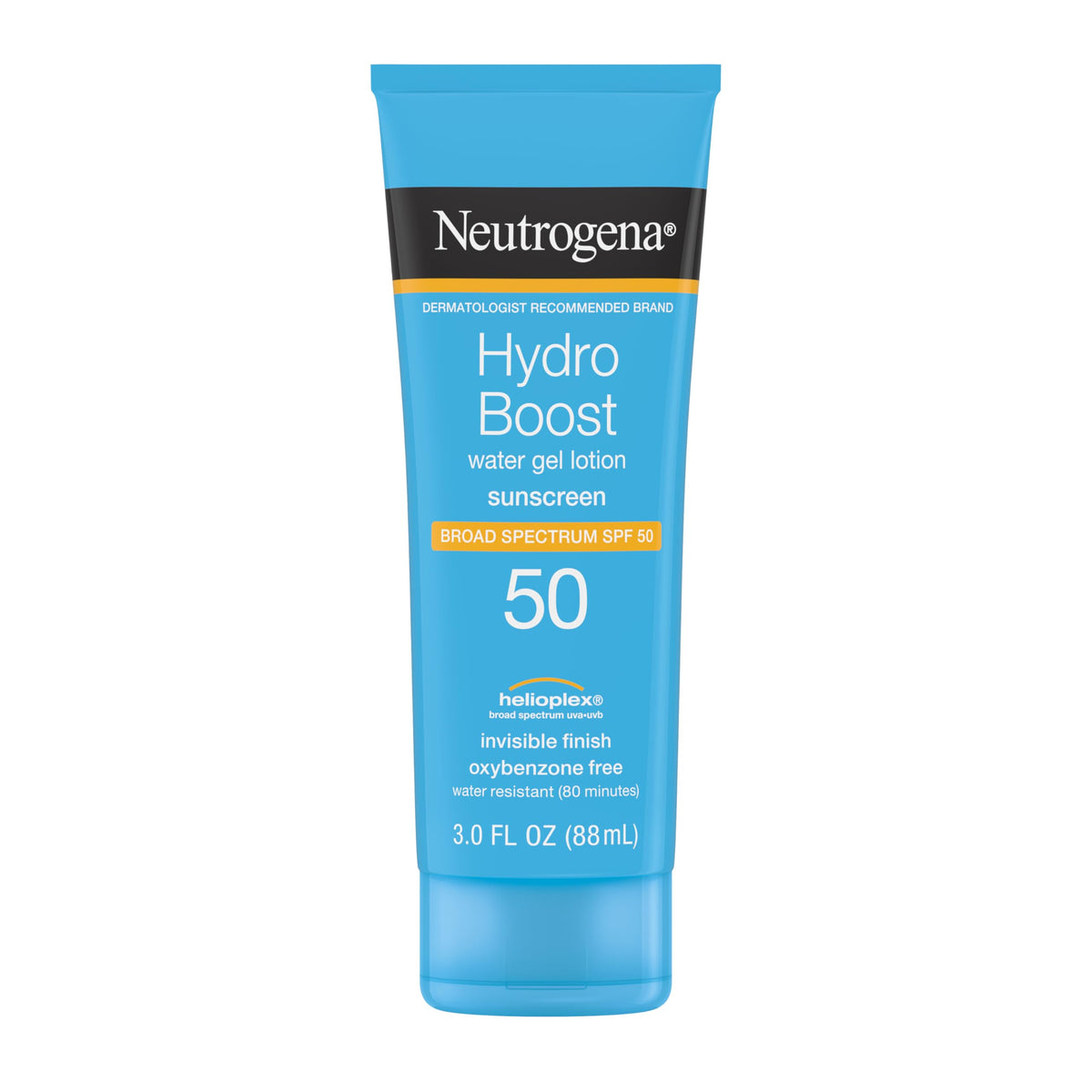 Neutrogena front packaging of Hydro Boost Sunscreen showing SPF 50 protection benefits