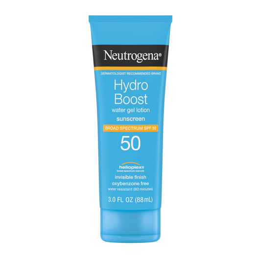 Neutrogena front packaging of Hydro Boost Sunscreen showing SPF 50 protection benefits