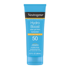 Neutrogena front packaging of Hydro Boost Sunscreen showing SPF 50 protection benefits