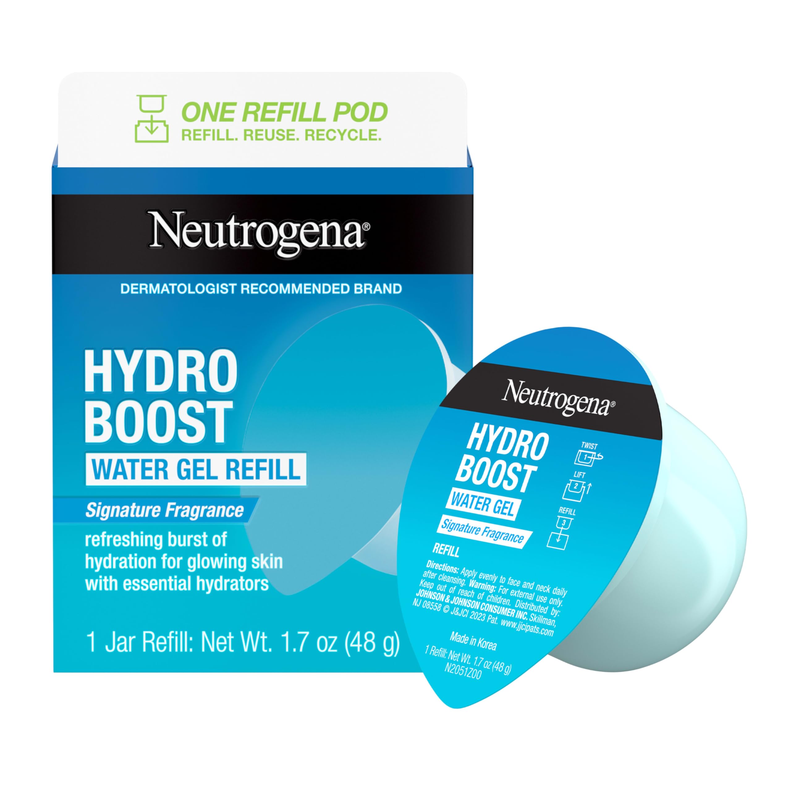 Neutrogena refill pod front view showing compact pod and easy refill benefit