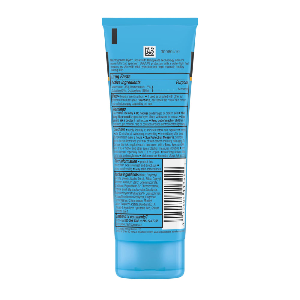 Neutrogena ingredient label close-up of Hydro Boost listing active UV filters and benefits