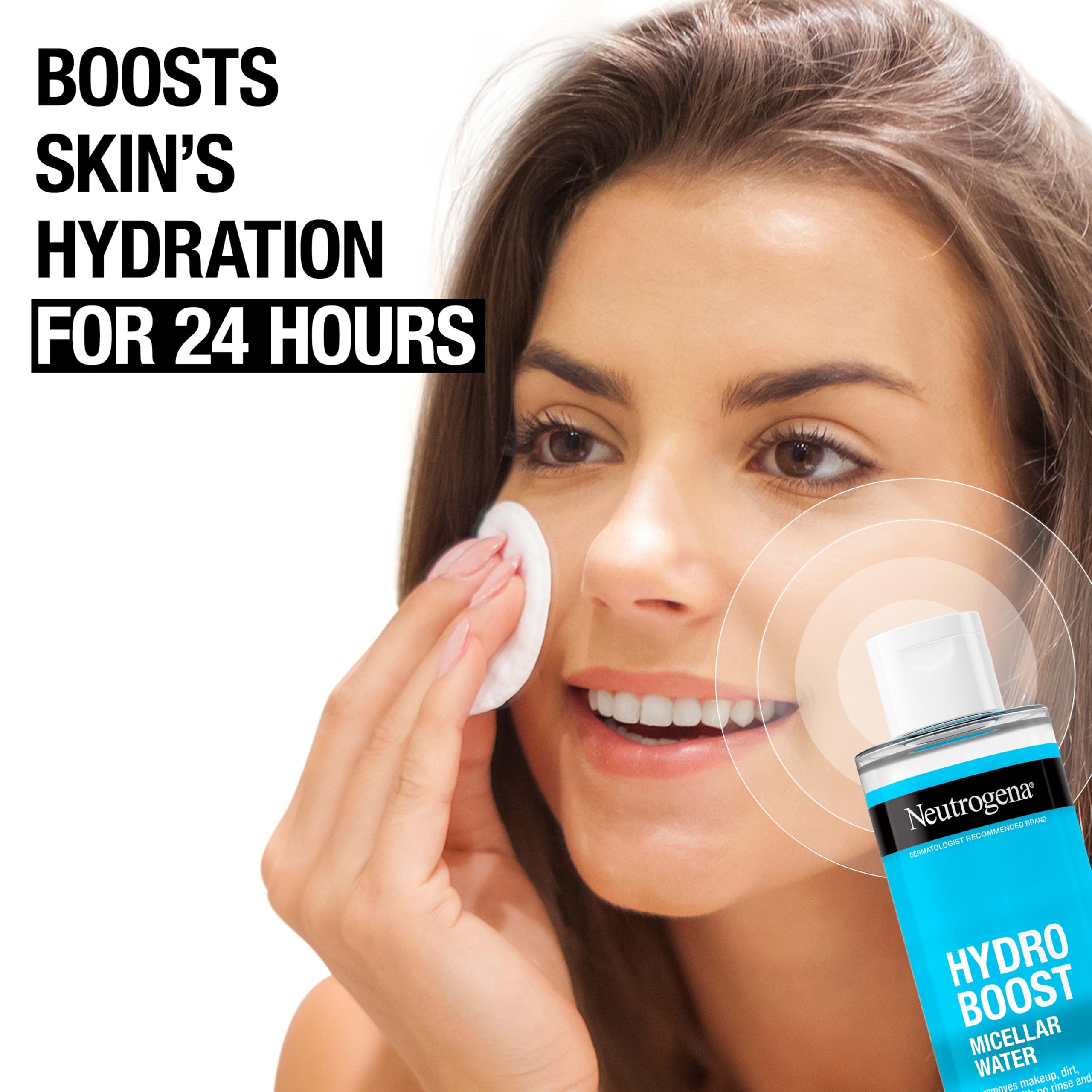 Neutrogena clear micellar water pouring onto pad, shows lightweight hydrating texture