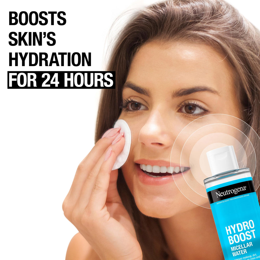 Neutrogena clear micellar water pouring onto pad, shows lightweight hydrating texture