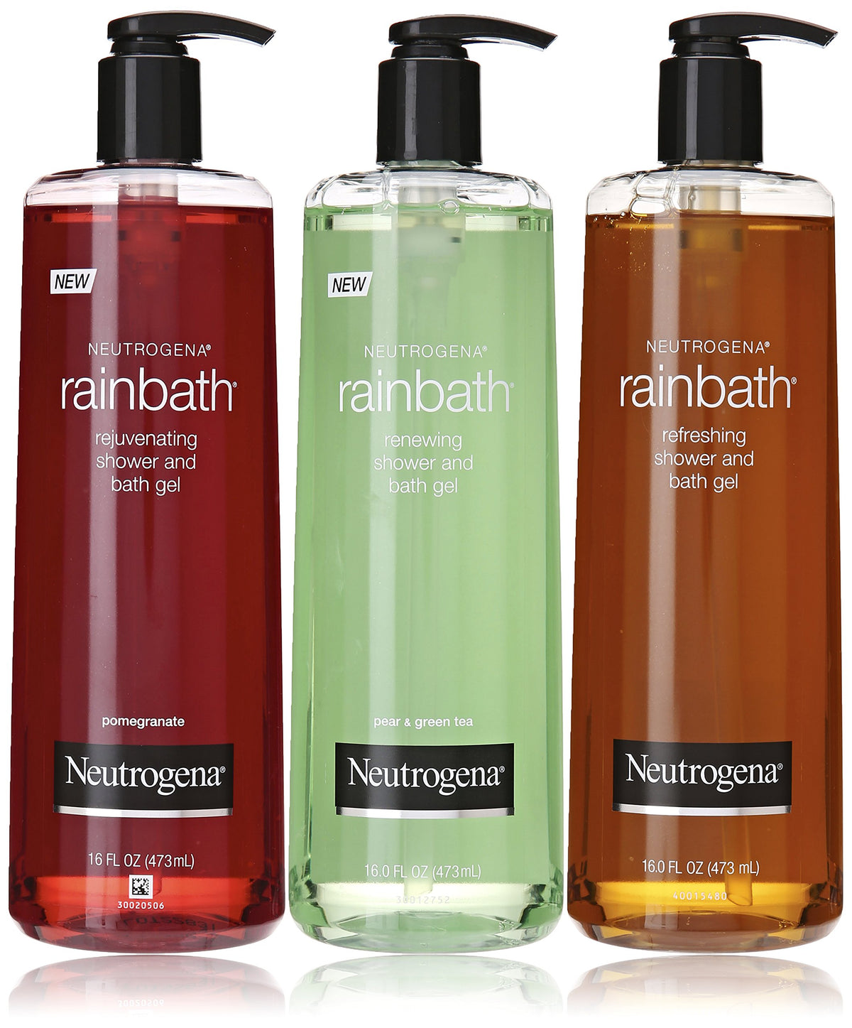 Neutrogena Rainbath three-bottle pack front view showing labels and sizes, convenient variety