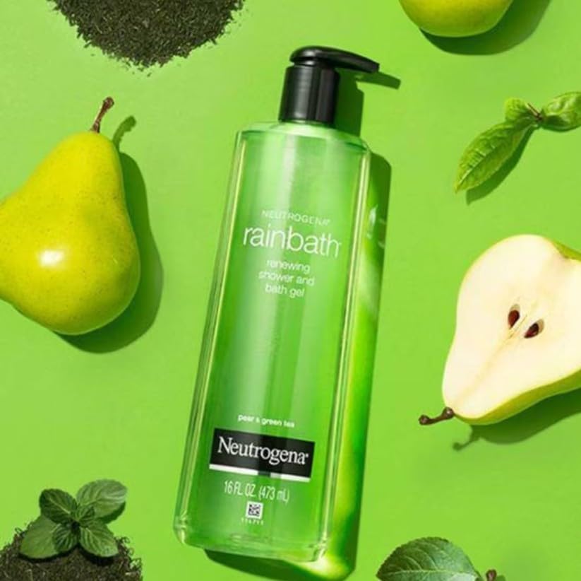 Neutrogena Rainbath in a bathtub scene suggesting a relaxing pear and green tea soak