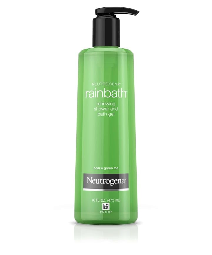 Neutrogena Rainbath gel pouring and forming rich lather to moisturize skin