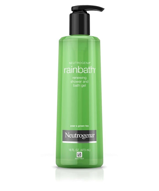 Neutrogena Rainbath gel pouring and forming rich lather to moisturize skin