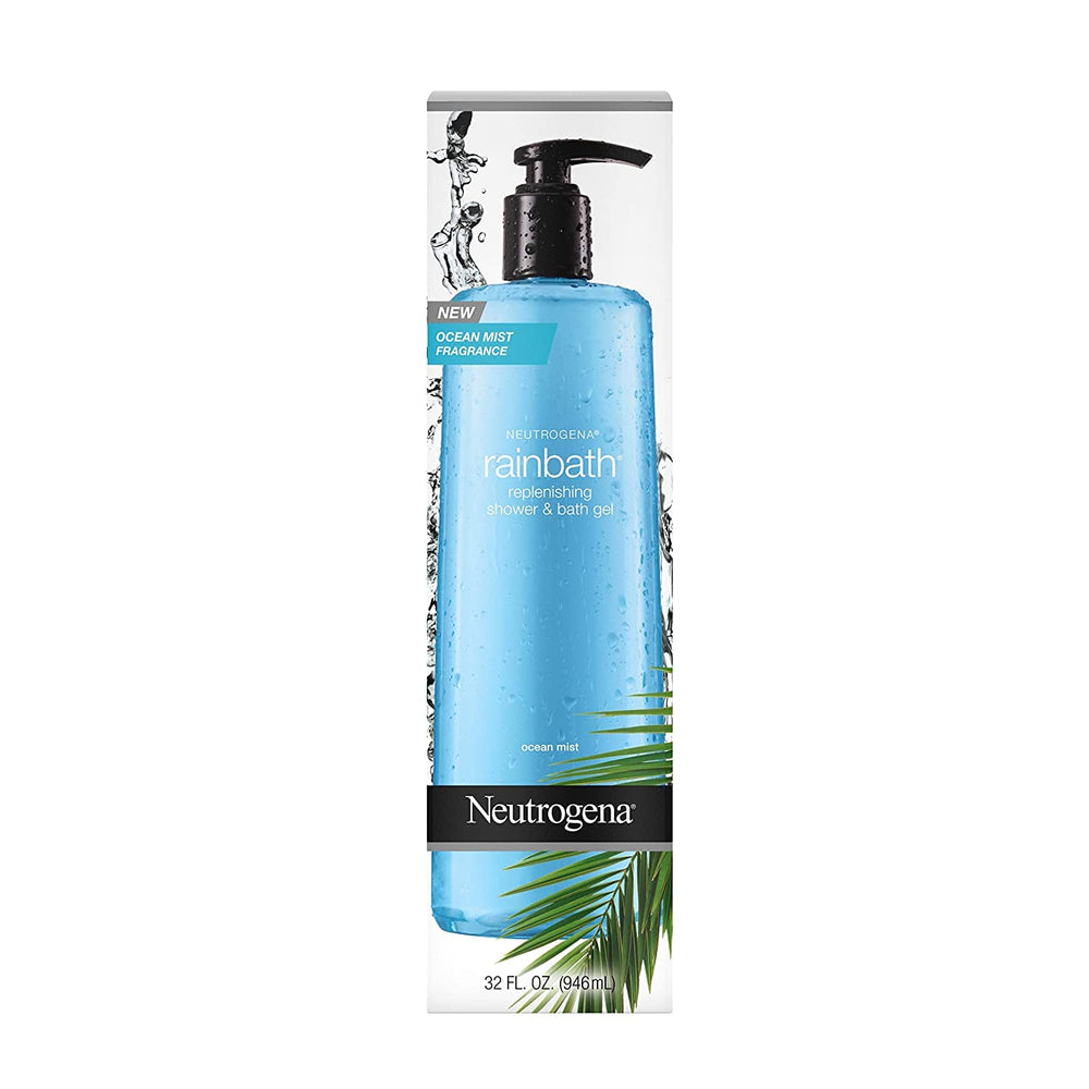 Neutrogena Rainbath 32 oz next to a hand showing bottle size and value