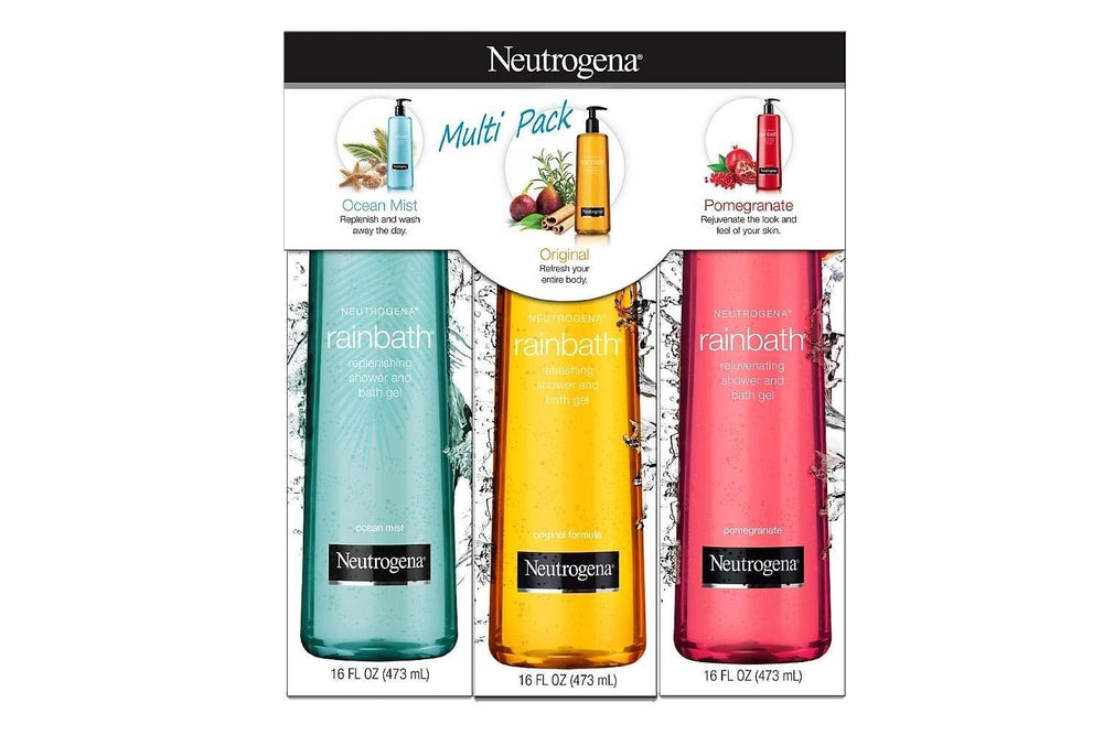 Neutrogena Rainbath three 16 fl oz bottles front view showing variety and convenience