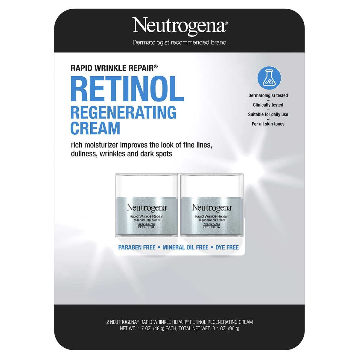 Neutrogena front packaging showing product benefits and dual-jar pack providing value