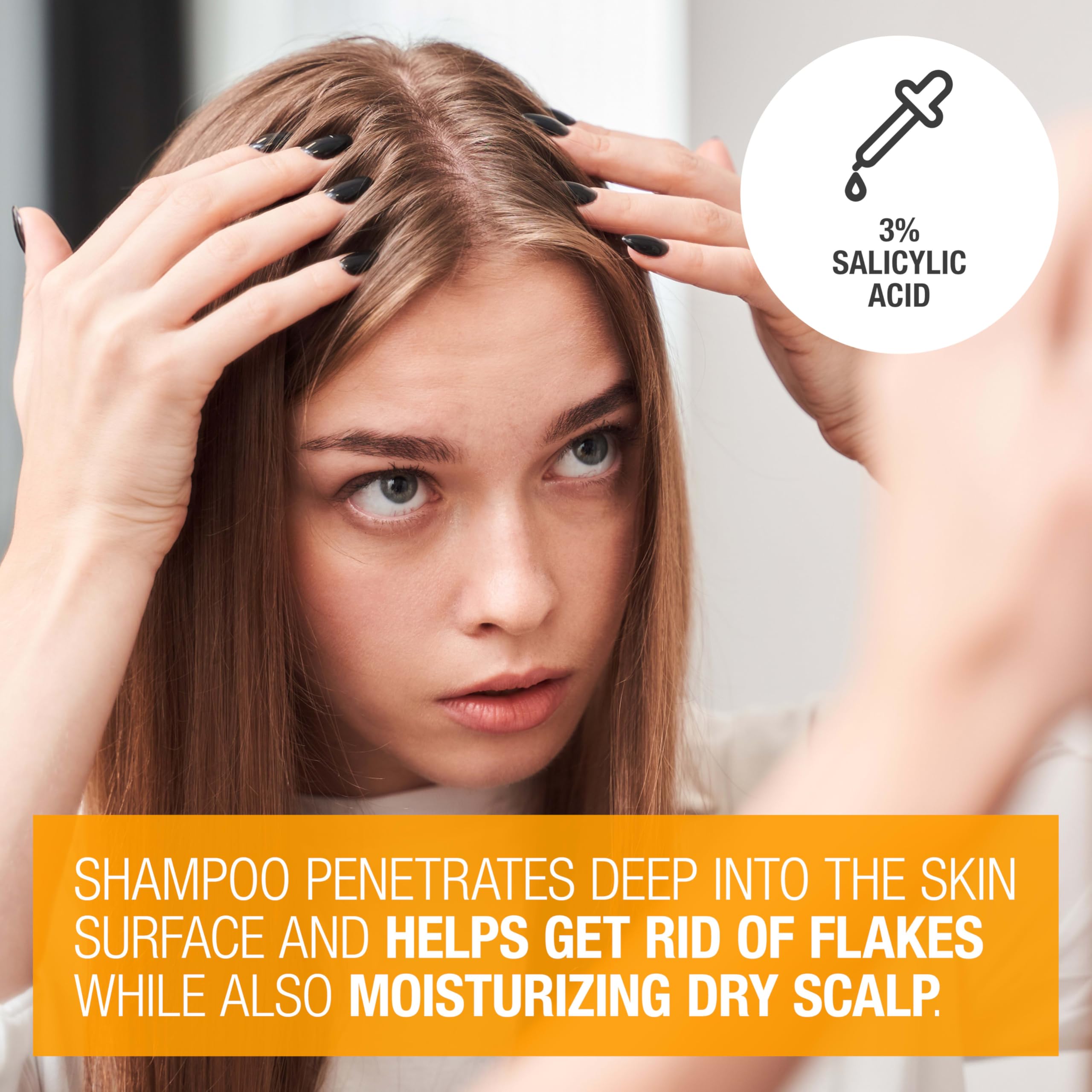 Neutrogena shampoo texture pouring from bottle demonstrating exfoliating action
