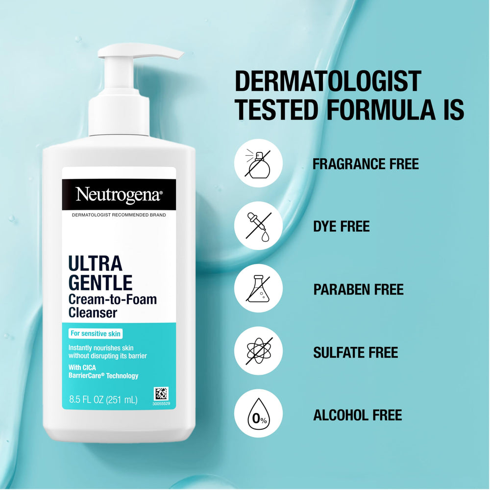 Neutrogena size comparison with hand showing 8.5 oz scale and travel-friendly benefit
