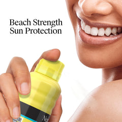 Neutrogena spray being applied to leg outdoors for quick sun coverage