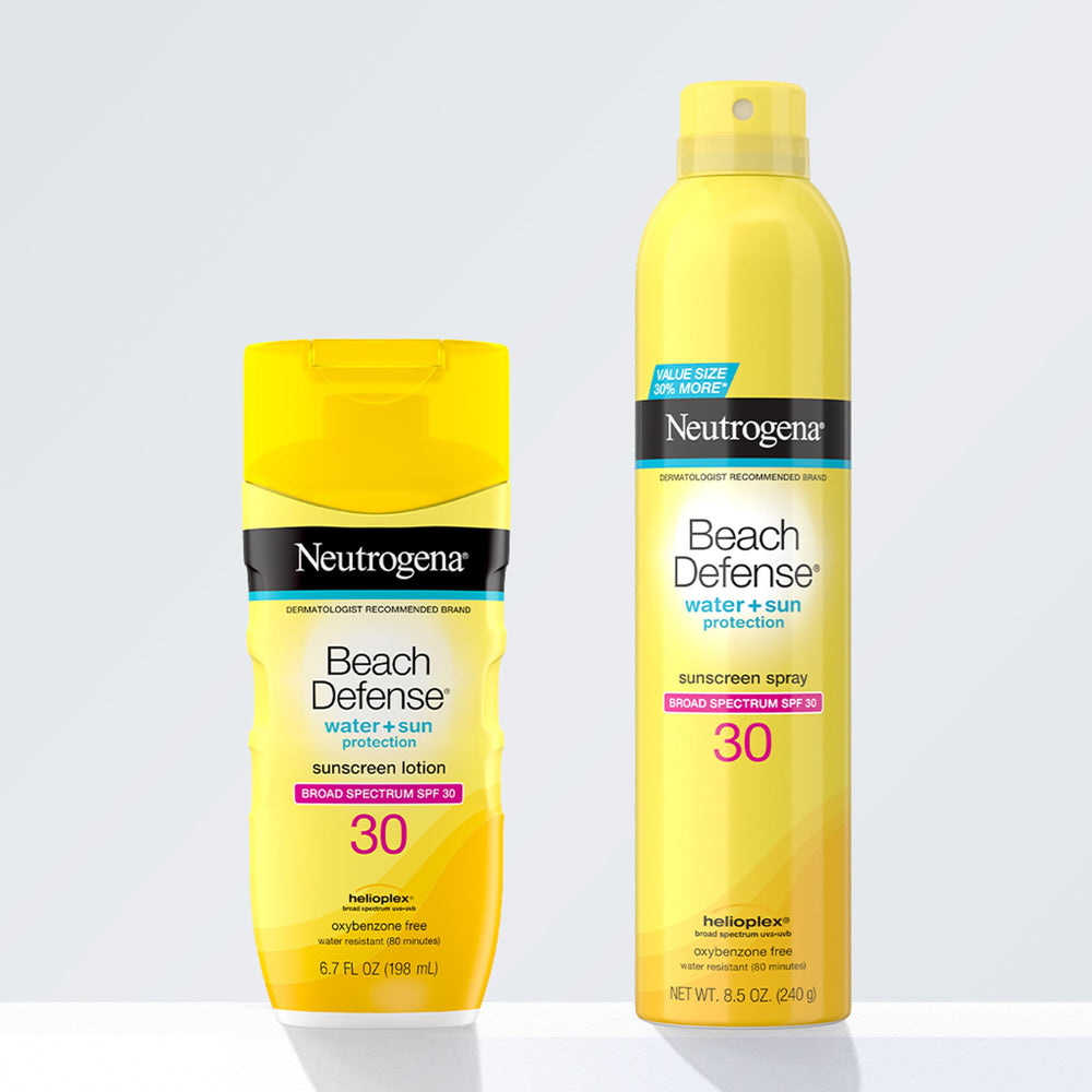Neutrogena spray in a beach lifestyle shot protecting skin during swim