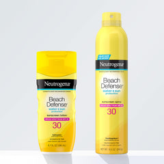 Neutrogena spray in a beach lifestyle shot protecting skin during swim
