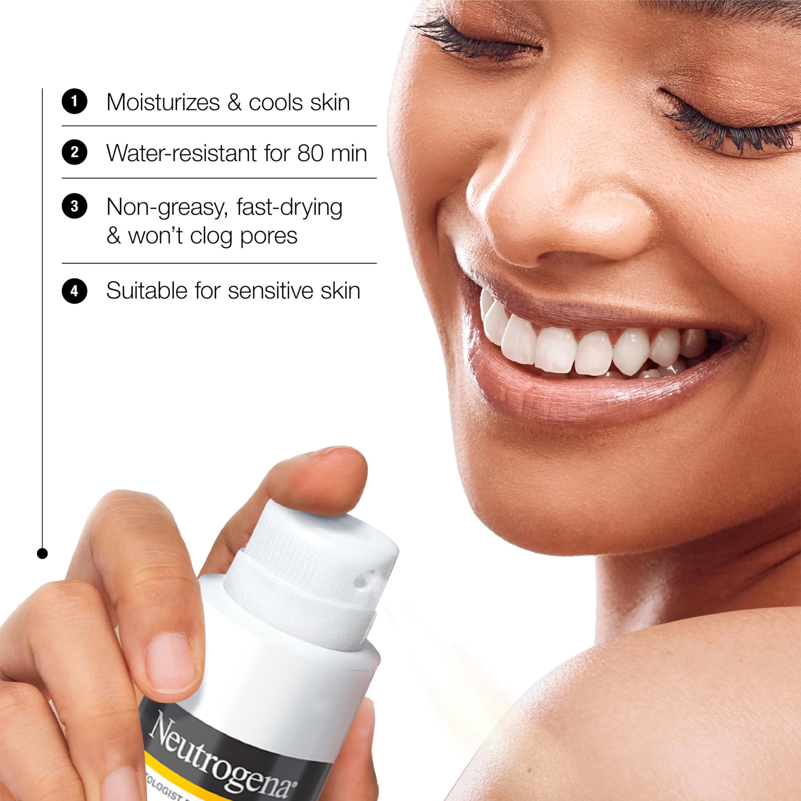Neutrogena spray nozzle close-up for quick even application benefit