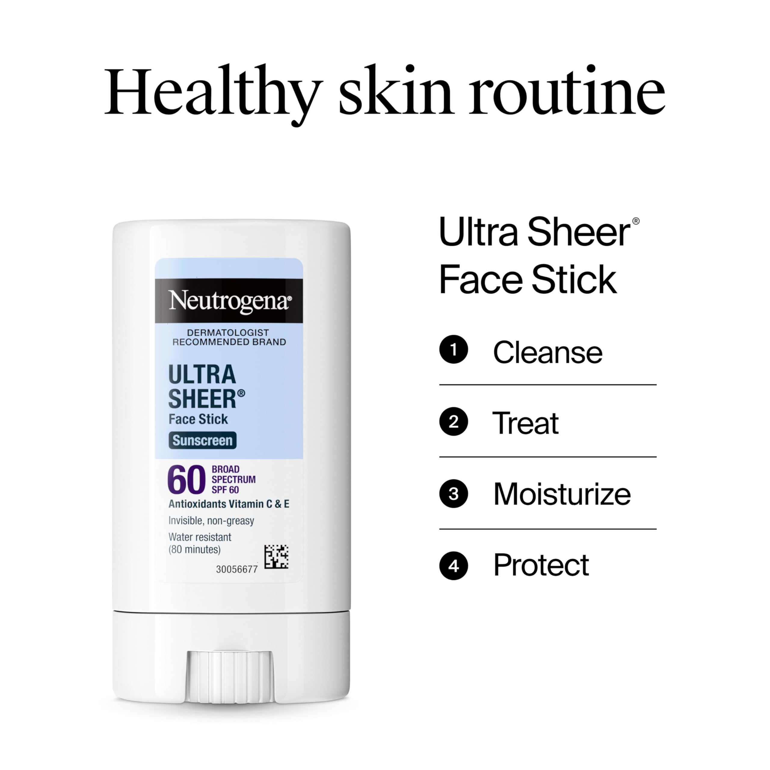Neutrogena stick in water-splash scene emphasizing 80-minute water-resistance benefit