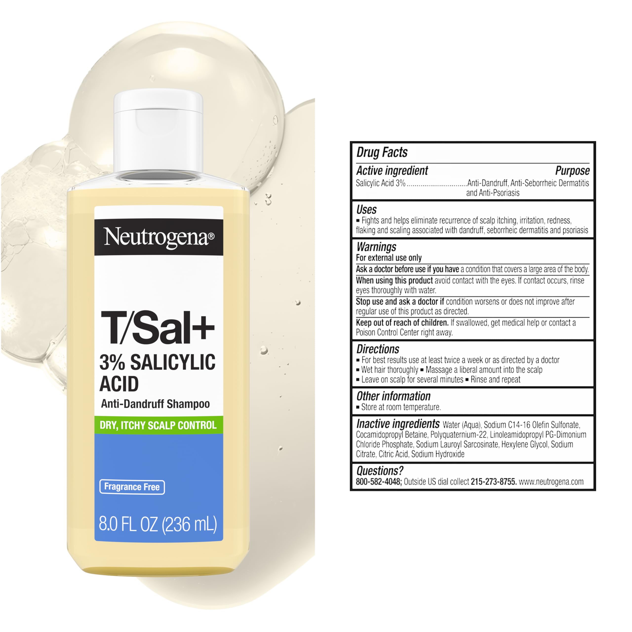 Neutrogena T/Sal+ on bathroom shelf styled to show daily routine use