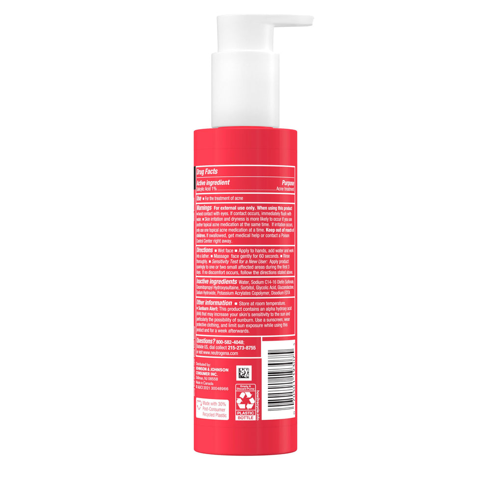 Neutrogena product in use on wet face, showing how to massage for one minute benefit