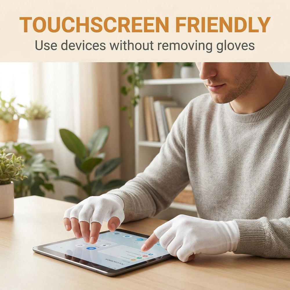 NEVTORAU fingerless opening detail demonstrating fingertip access for accurate touchscreen use