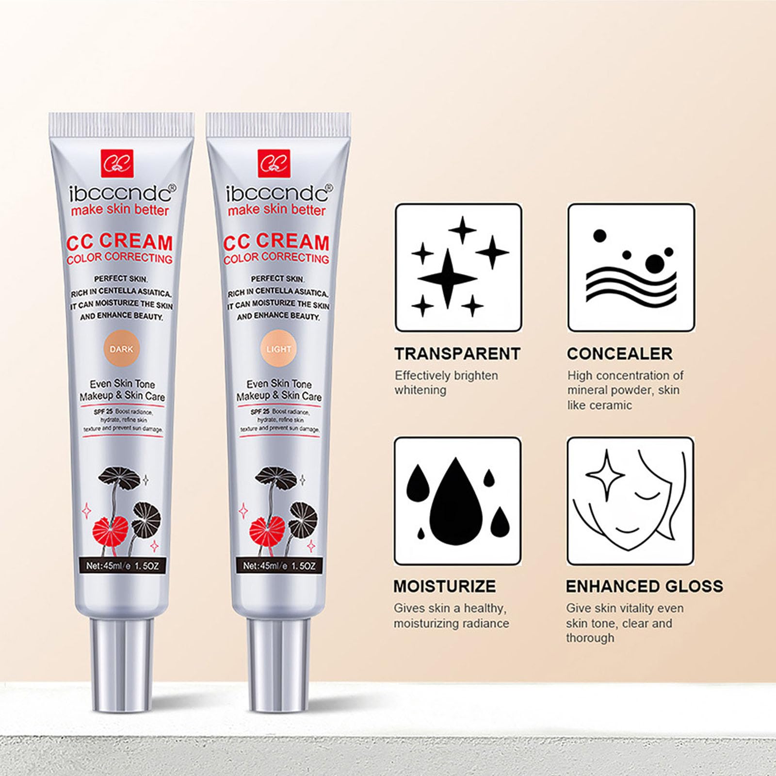 New Irven CC Cream next to ruler displaying 45ml size and travel-friendly benefit