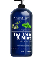 New York Biology front packaging showing tea tree mint body wash and benefits