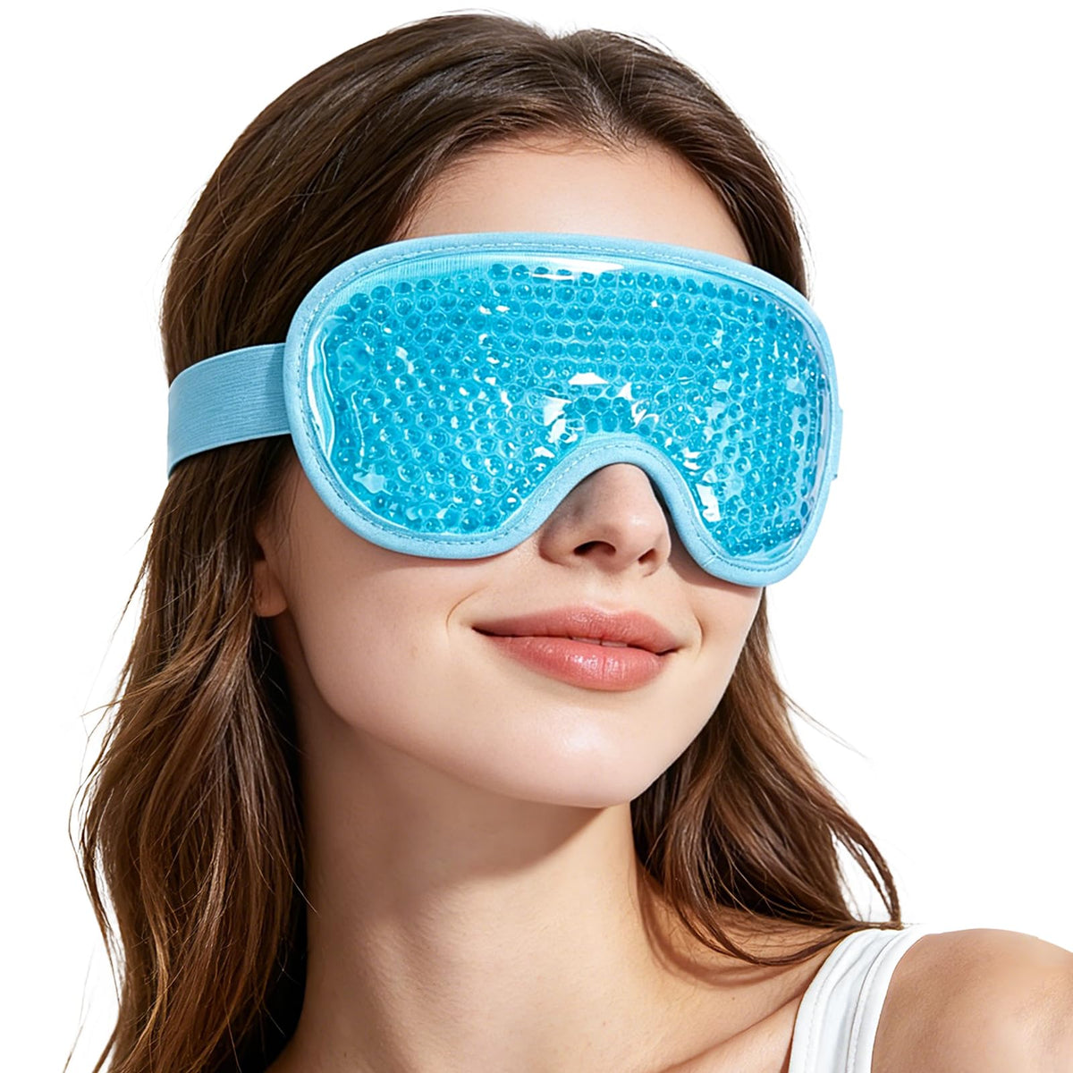 NEWGO front view of blue cooling eye mask showing shape and strap, quick relief