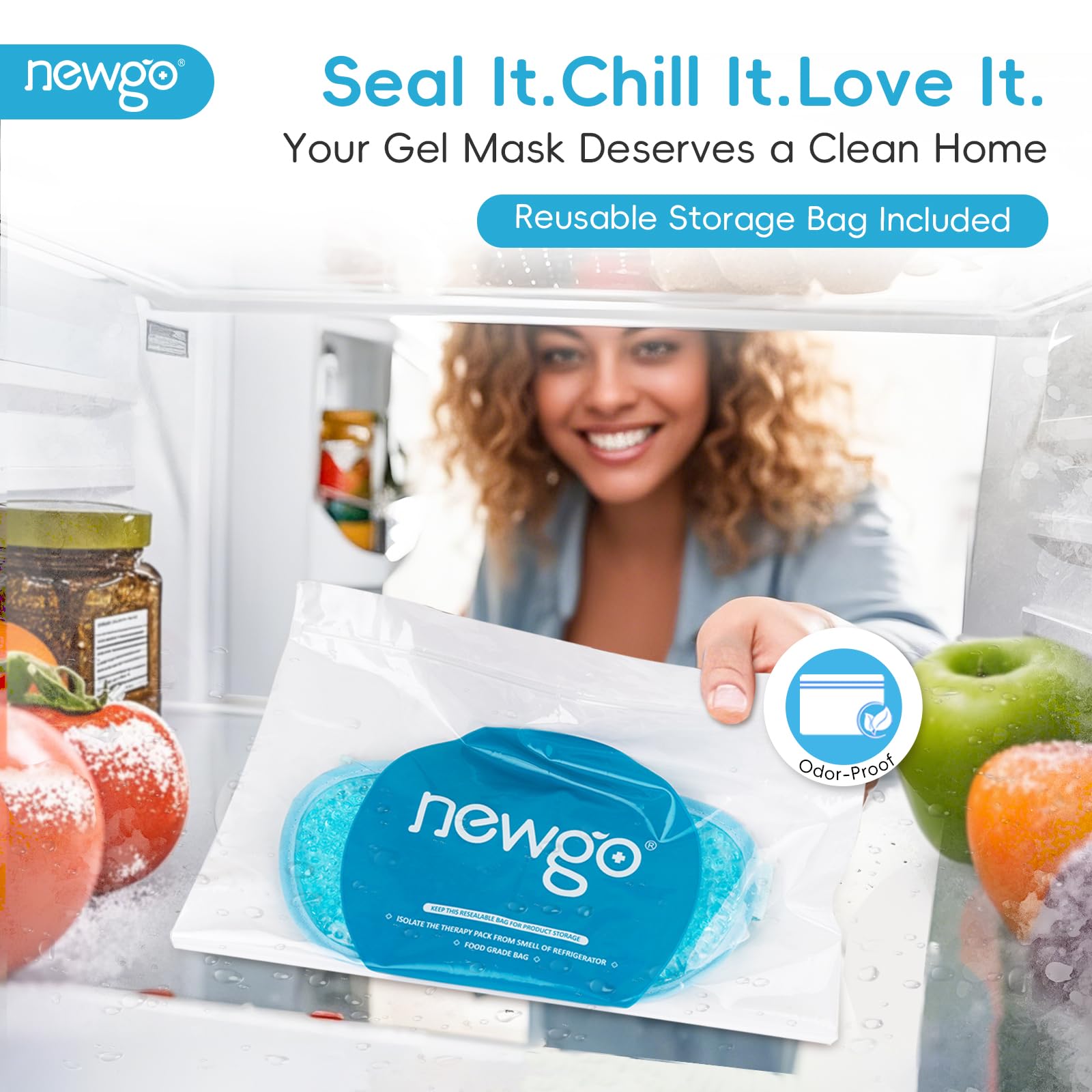 NEWGO eye mask stored in resealable bag inside travel kit, hygienic transport