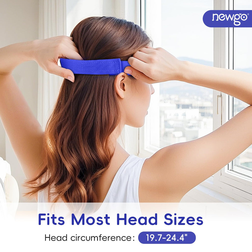 NEWGO eye mask worn during rest demonstrating secure strap and soothing effect