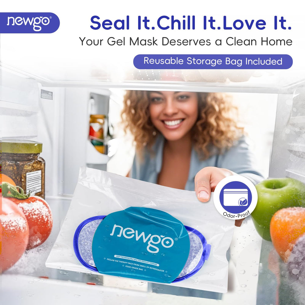NEWGO eye mask held in hand for scale illustrating travel-friendly size