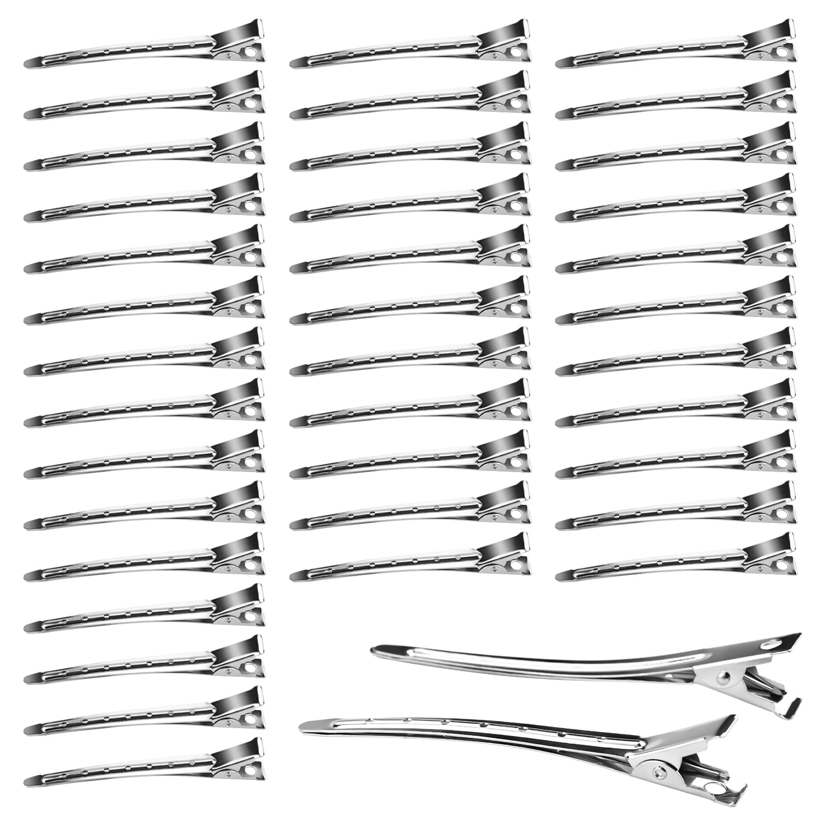 Neworkg front pack of 50 silver duck bill clips showing bulk supply benefit