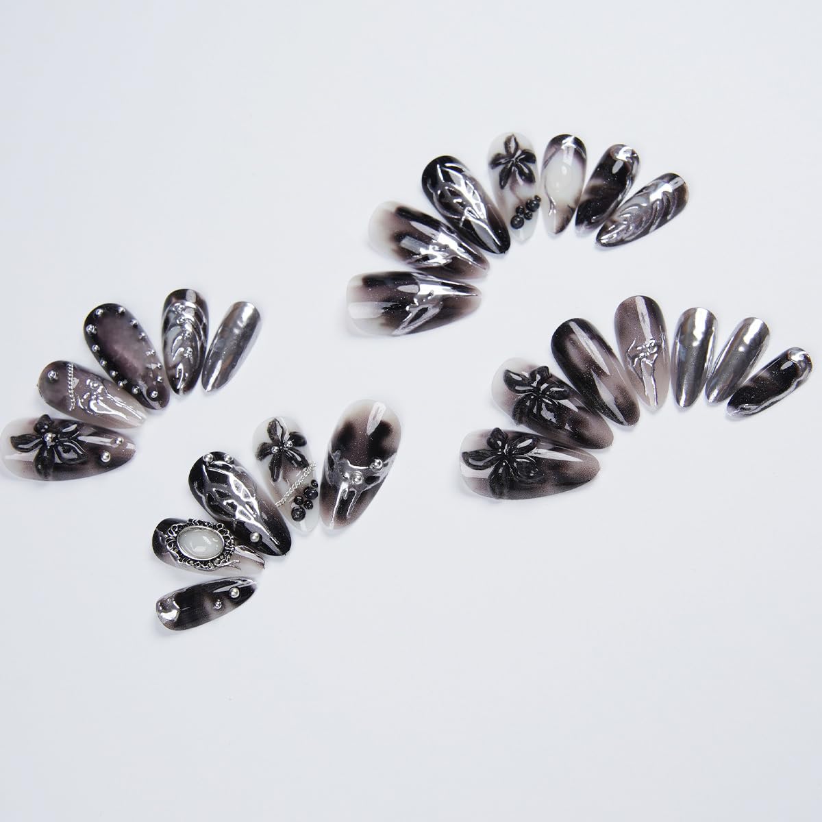 NEWSPIED close-up of 3D metallic rhinestones and flower detail, eye-catching sparkle benefit