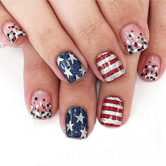 NEWSPIED front packaging showing 24-piece patriotic press-on nails and kit, easy event-ready manicure