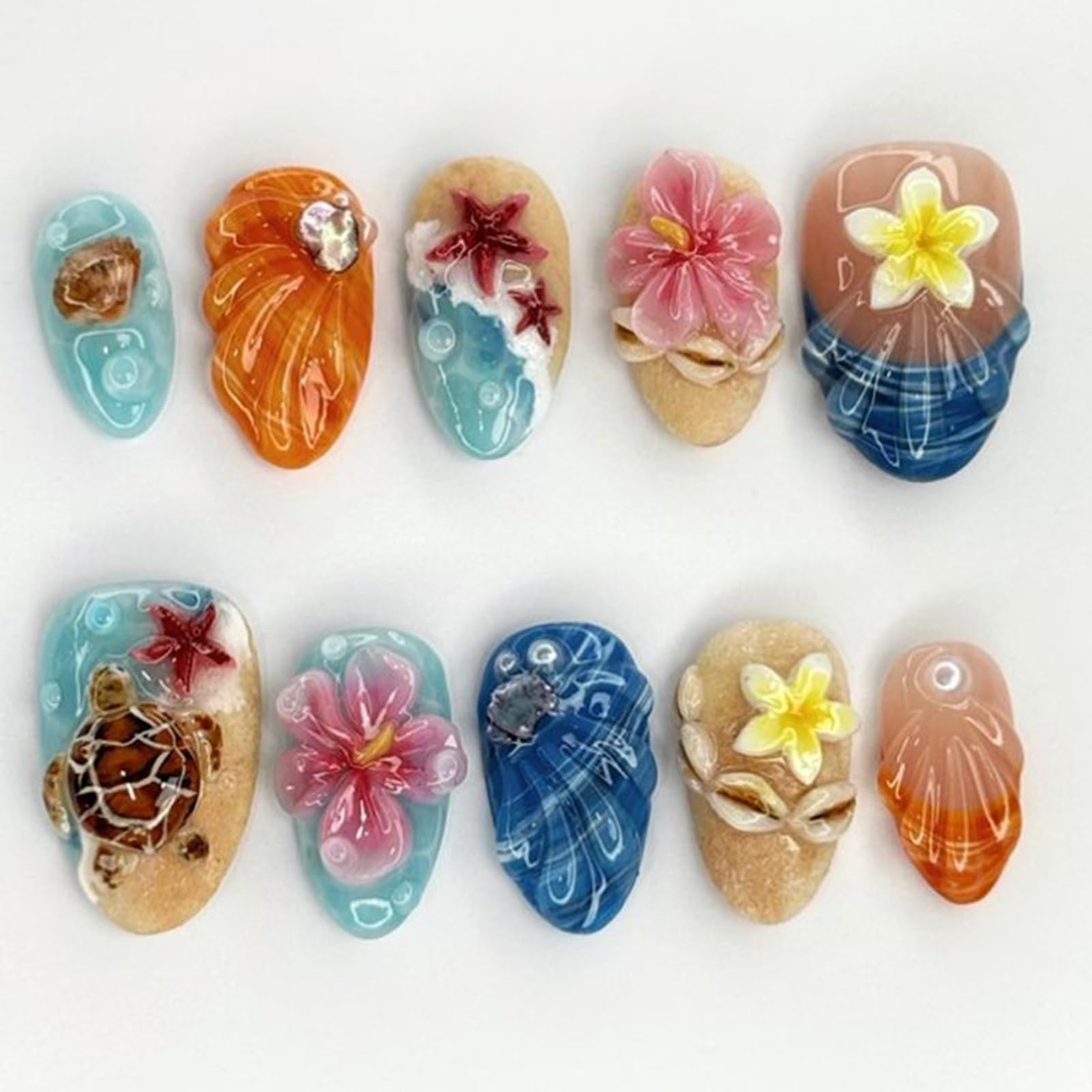 NEWSPIED front packaging showing 24-piece beach press-on nails, instant tropical manicure
