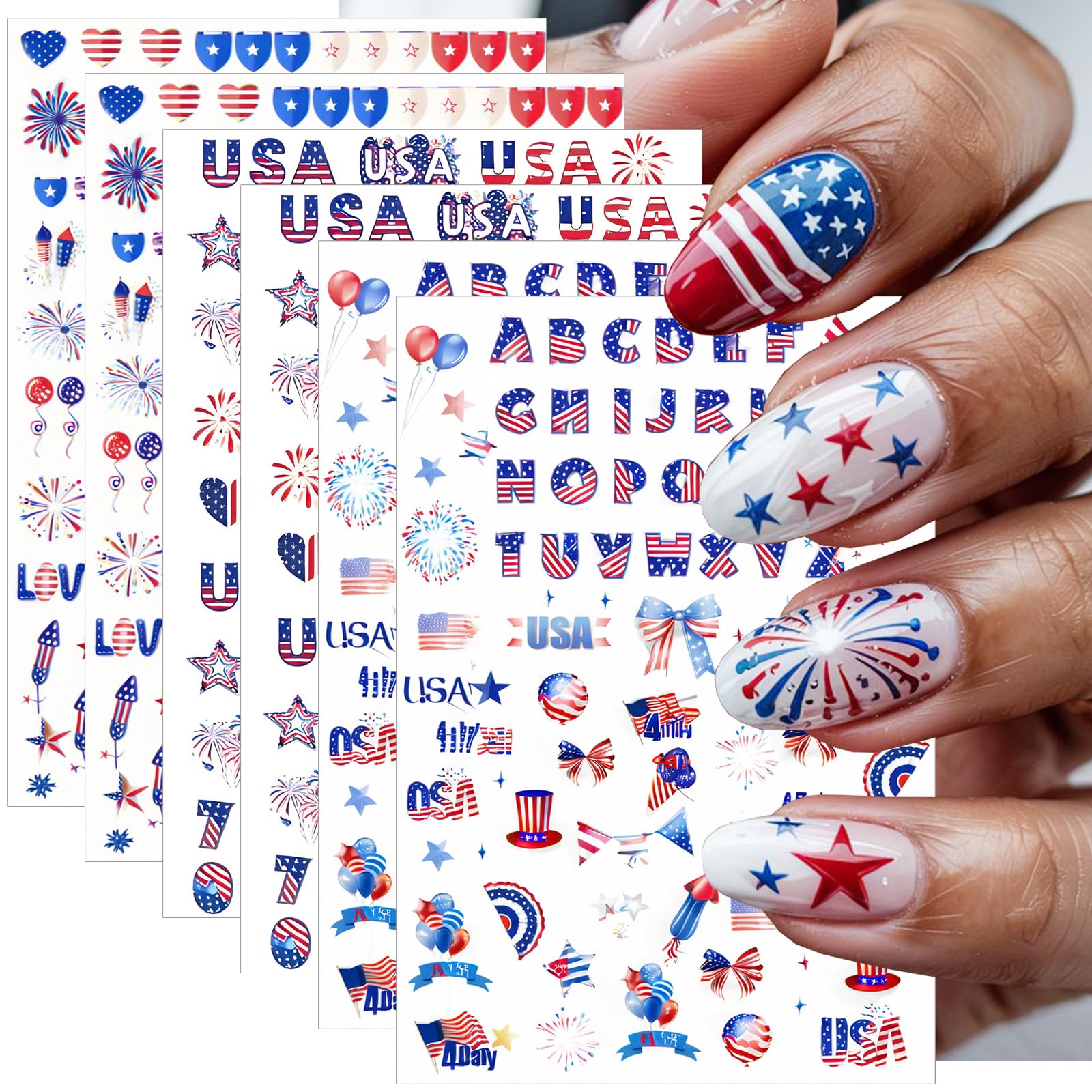 NEWSPIED sheet front showing patriotic nail sticker selection for quick festive nails