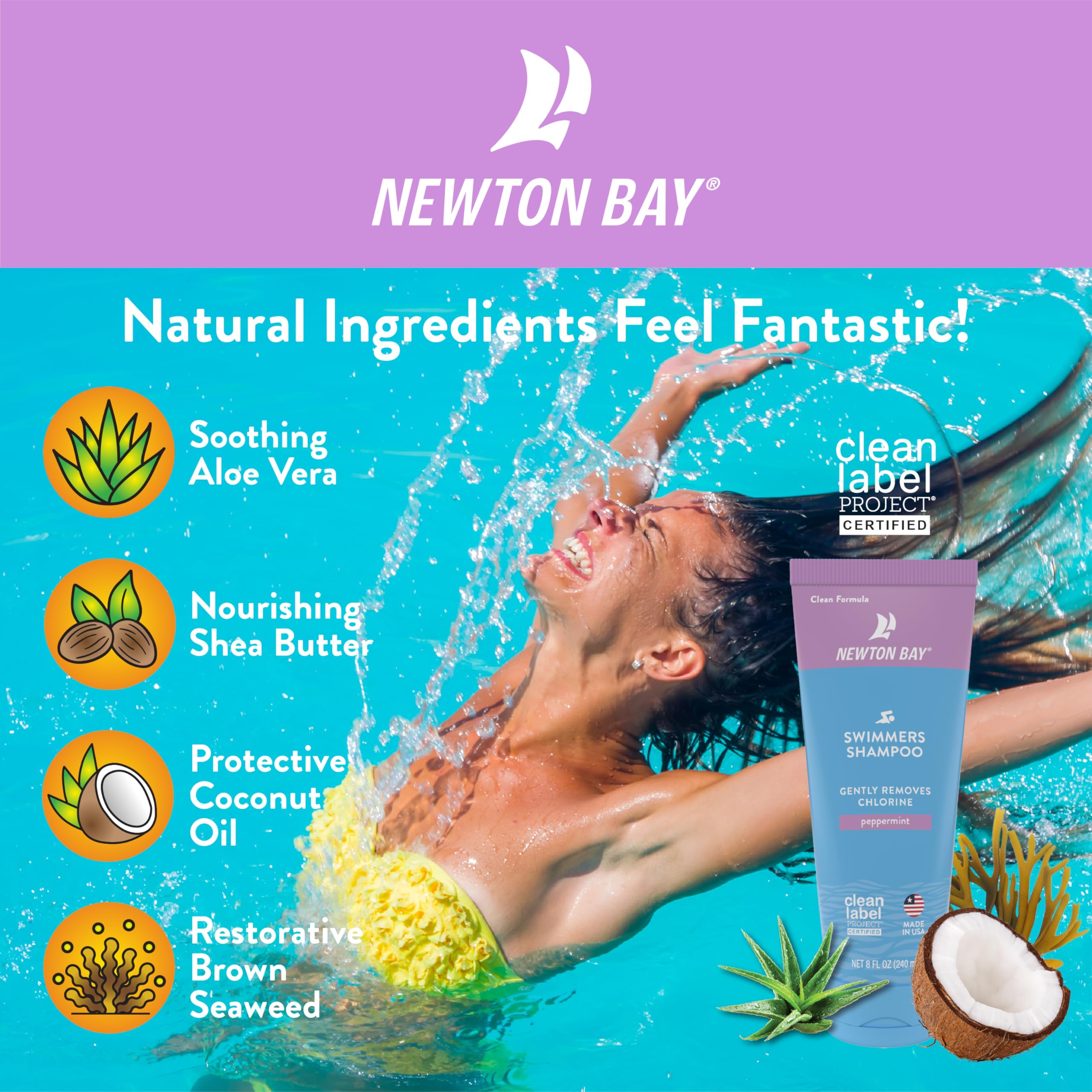 Newton Bay shampoo inside pool bag showing ready-to-use post-swim benefit