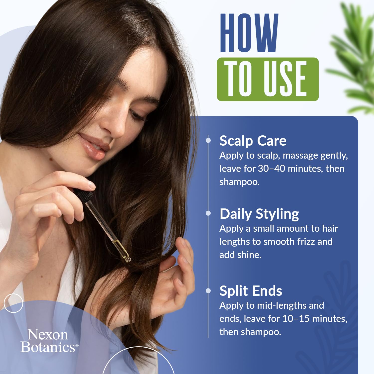 Nexon Botanics hands smoothing oil through ends to reduce split ends