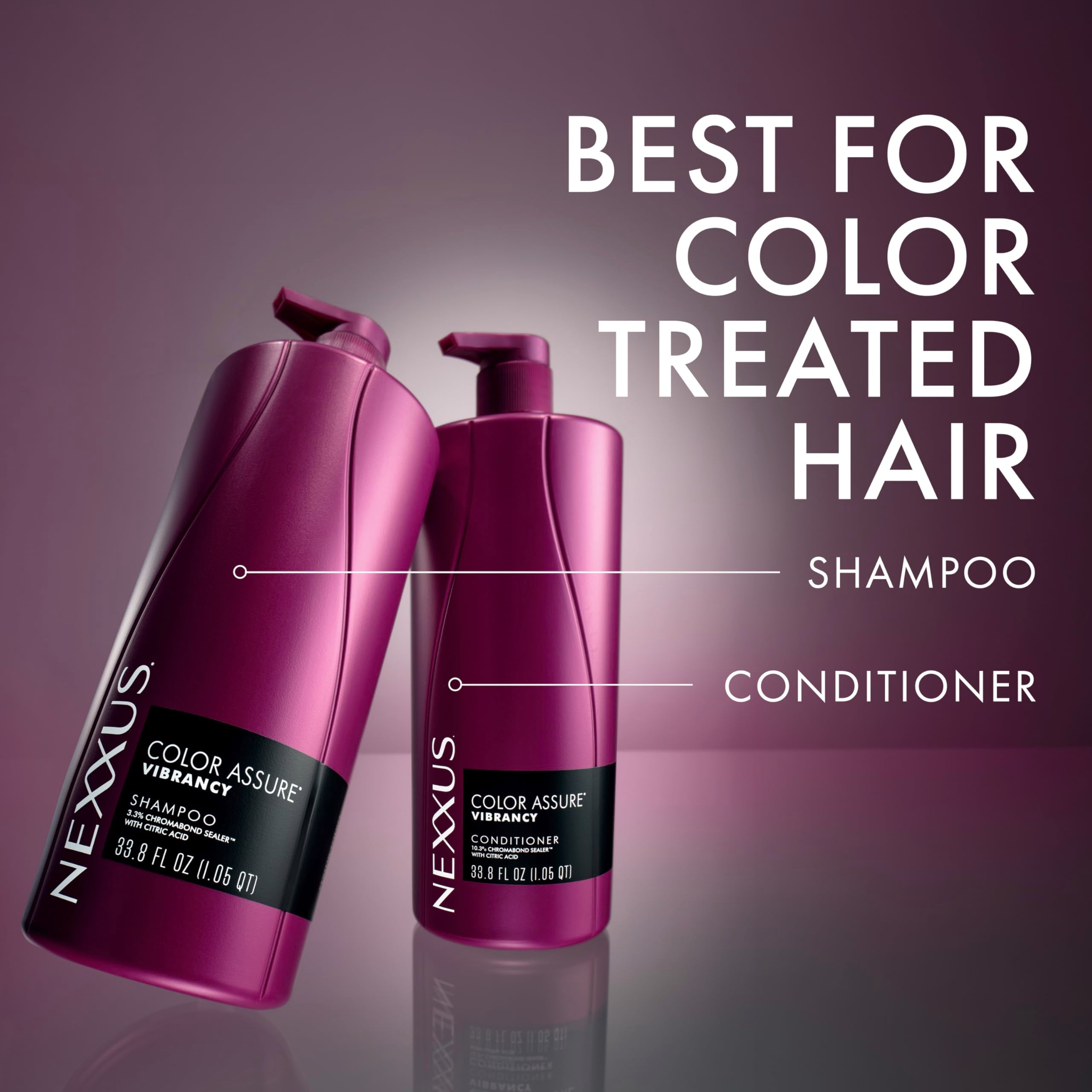 Nexxus set staged on bathroom shelf conveying salon-quality color protection at home