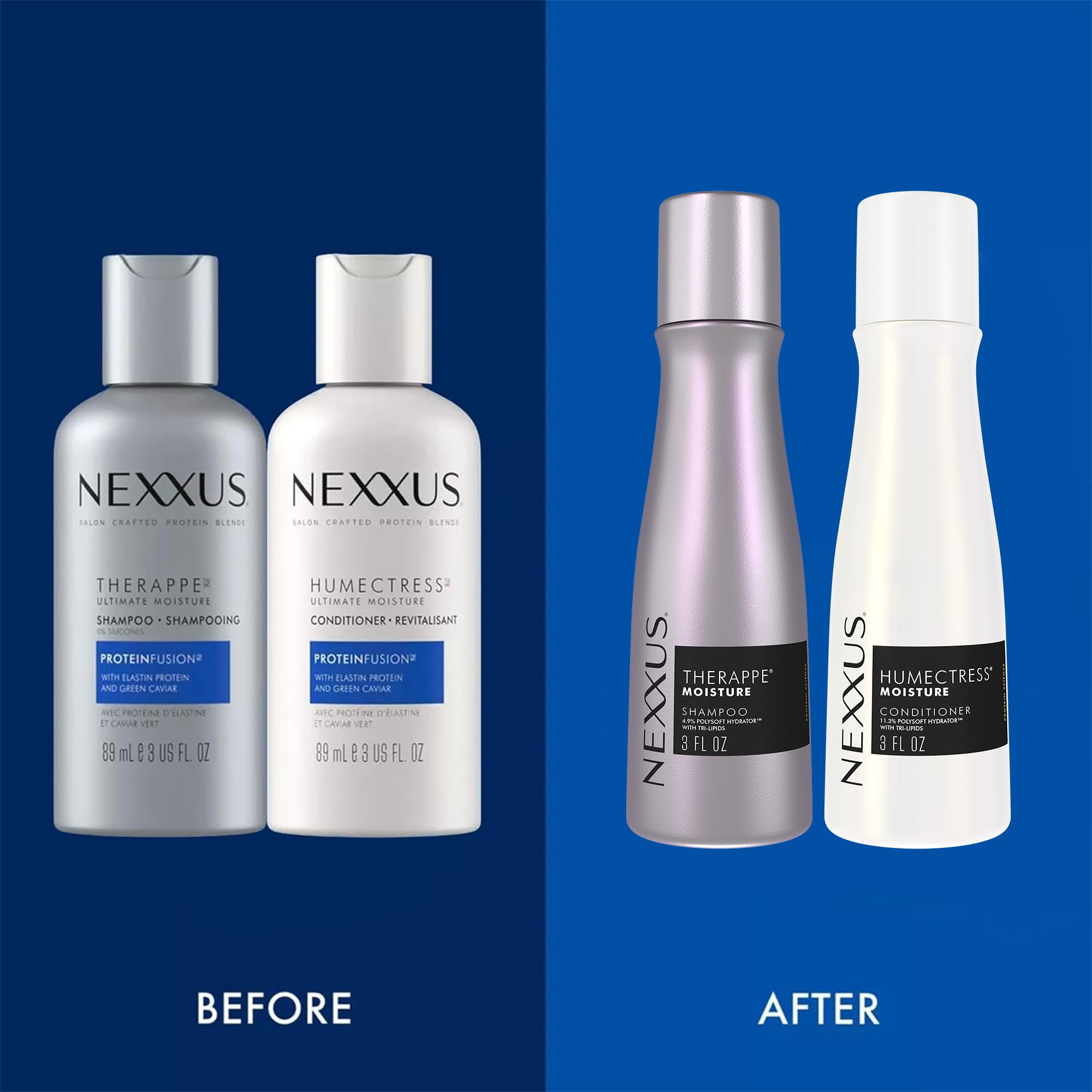 Nexxus bottles beside sink showing daily routine benefit